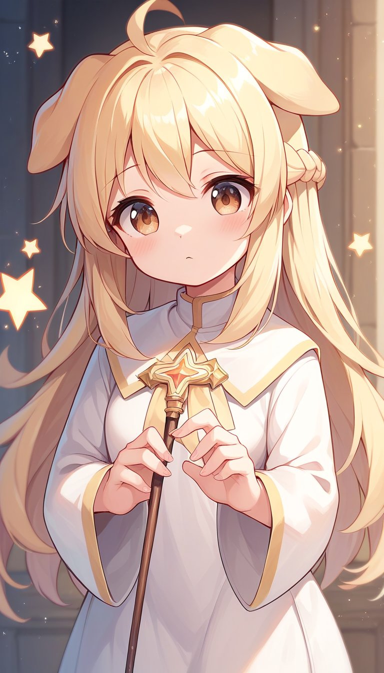 score_9_up, score_8_up, score_7_up,score_6_up,score_5_up,best quality,masterpiece,illustration,cute,kawaii,1girl,solo,dog ears,blonde hair,french braid,gradient brown eyes,healing magic,wand,priestess