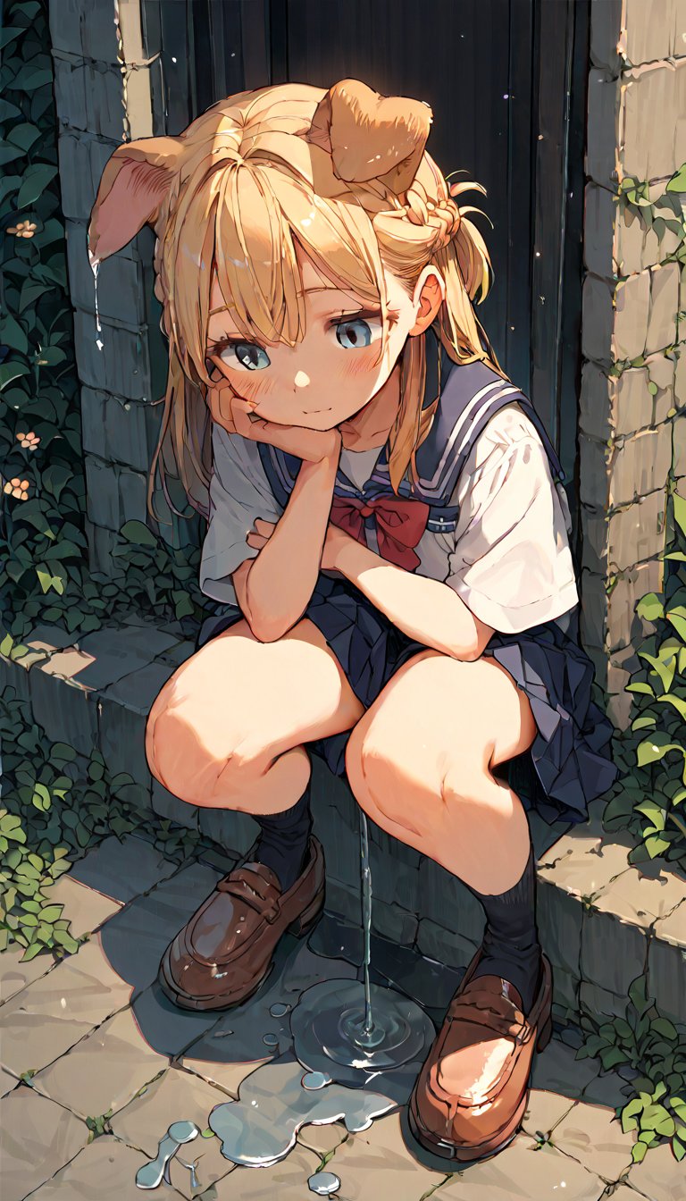 score_9, score_8up, score_7up, score_6up, score_5up,source_anime,cute,kawaii,1girl,solo,blonde hair,french braid,dog ears,school uniform,after rain,puddle,arch rainbow,