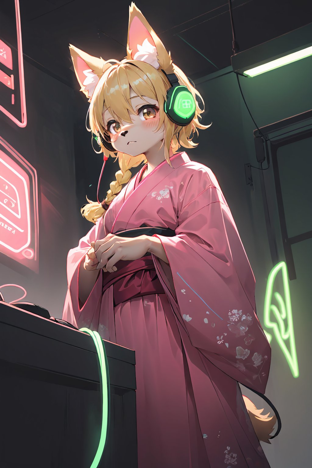 masterpiece,best quality,ultra detailed,highres,absurdres,illustratio,anthro,cute,kawaii,1girl,solo,dog ears,blonde hair,gradient brown eyes,(glowing neon green headphone:1.2),cool,stylish,french_braid,pink kimono dress,