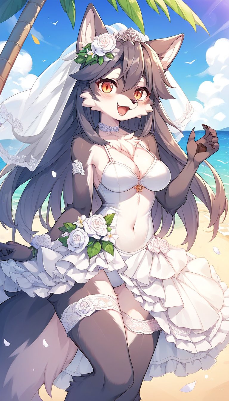 score_9_up, score_8_up, score_7_up,score_6_up,source_anime,source_furry,,best quality,masterpiece,illustration,1girl,solo,wolf girl,(fluffy body:1.5),wedding dress,swimsuit,happy,blush,beach,summer,(photography event:1.3),(furry:1.3)