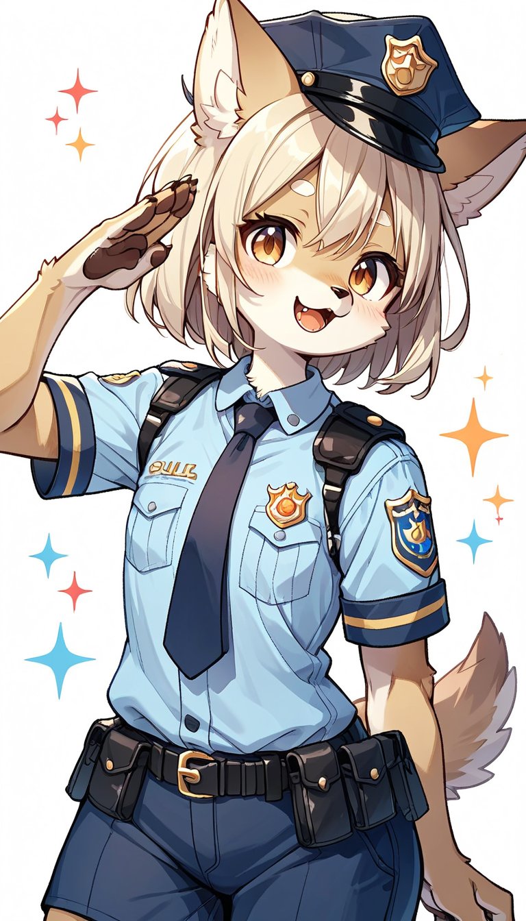 score_9, score_8_up, score_7_up, score_6_up, score_5up,source_anime,source_furry,furry,anthro,kemono,cute,kawaii,vivid color.1girl,solo,dog ears,brown eyes,police uniform,gallant expression,salute,cowboy shot,Deformed, score_9_up