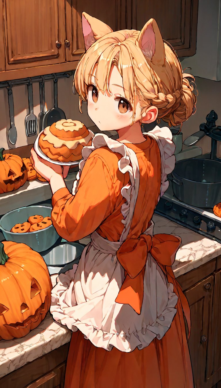 score_9, score_8up, score_7up, score_6up, score_5up,source_anime,cute,1girl,solo,blonde hair,dog ears fluff,french braid,brown eyes,making Pumpkin pudding,indoors,kitchen,frills apron dress,night,confuse