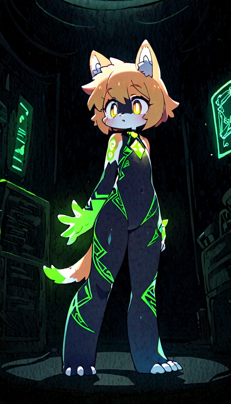 (furry:1.3),anthro,cute,kawaii,1girl,solo,dog ears,blonde hair,gradient brown eyes,indoors,(dark room:1.4),her body adorned with (glowing neon green zentangle heresy tattoos all over body:1.4),(bodysuit:1.3),high-contrast anime-style,full body,