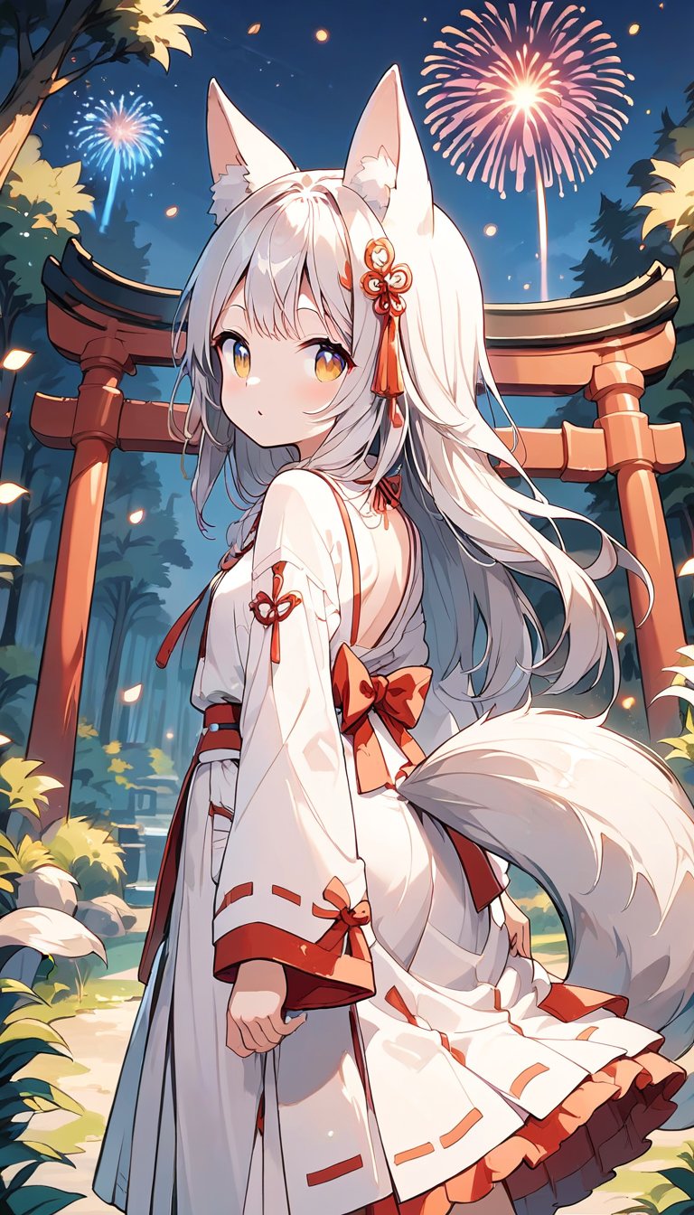 score_9_up, score_8_up, score_7_up,score_6_up,score_5_up,source_anime,masterpiece,best quality,illustration,cute,kawaii,1girl,solo,silver hair,long hair,fox ears,fox tails,formal miko dress primarily white with golden and red embroidery,The hem of the dress flares out gracefully,perfectly complementing her overall look,looking back,torii,shrine gate,fireworks,(dark forest:1.3),(mid night:1.3),silence