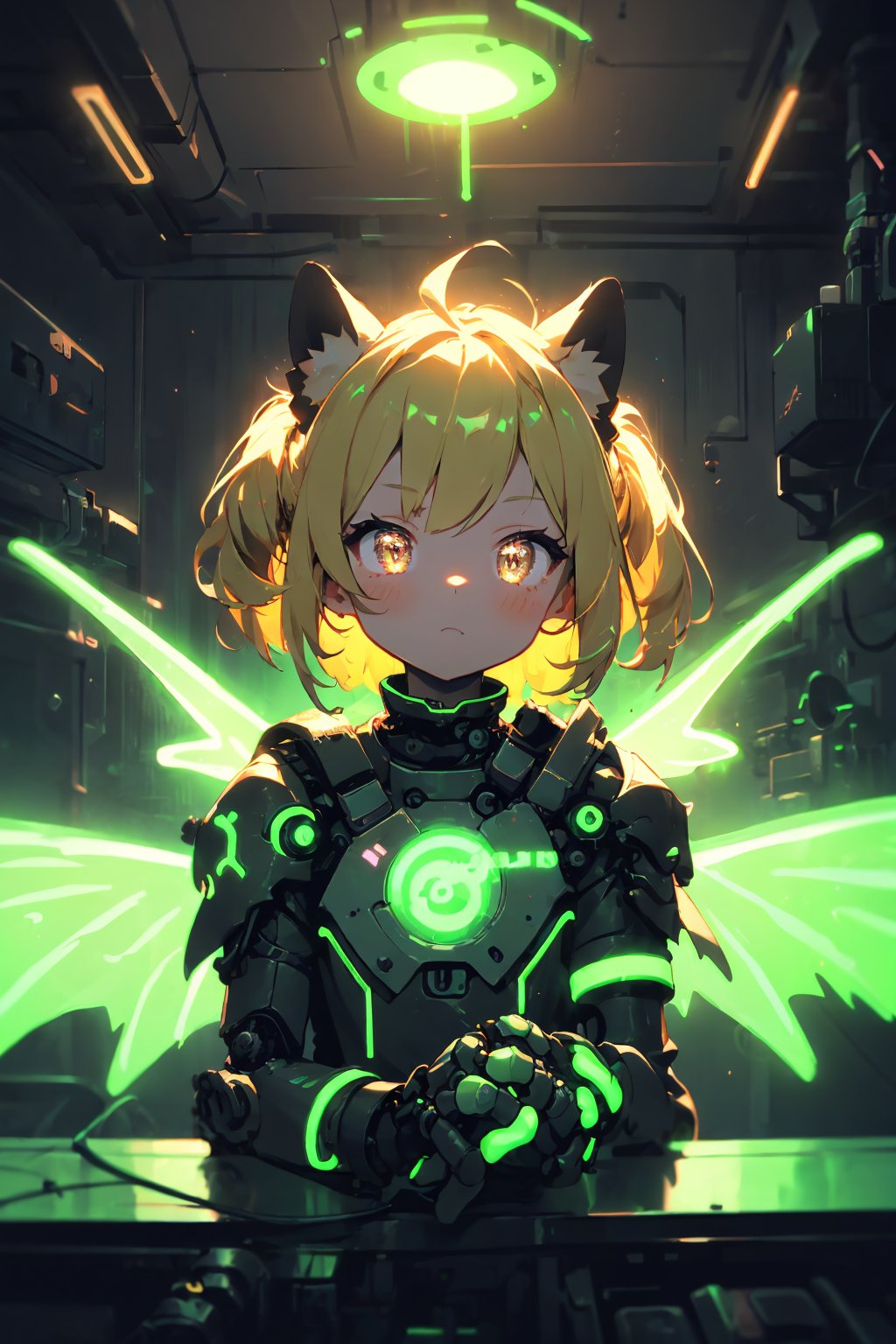 anthro,cute,kawaii,1girl,solo,dog ears,blonde hair,gradient brown eyes,(glowing neon green mechanical wings:1.3),high-contrast anime-style,(darkness room:1.3)