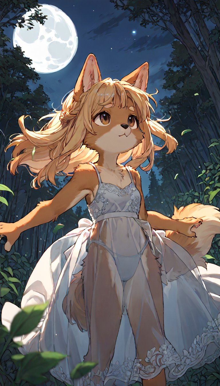 score_9, score_8up, score_7up, score_6up, score_5up,source_anime,source_furry,(furry:1.3),dog anthro,cute,kawaii,1girl,solo,blonde hair,dog ears fluff,french braid,brown eyes,translucent evening dress,wind,floating hair,(looking up:1.3),forest,night,fullmoon