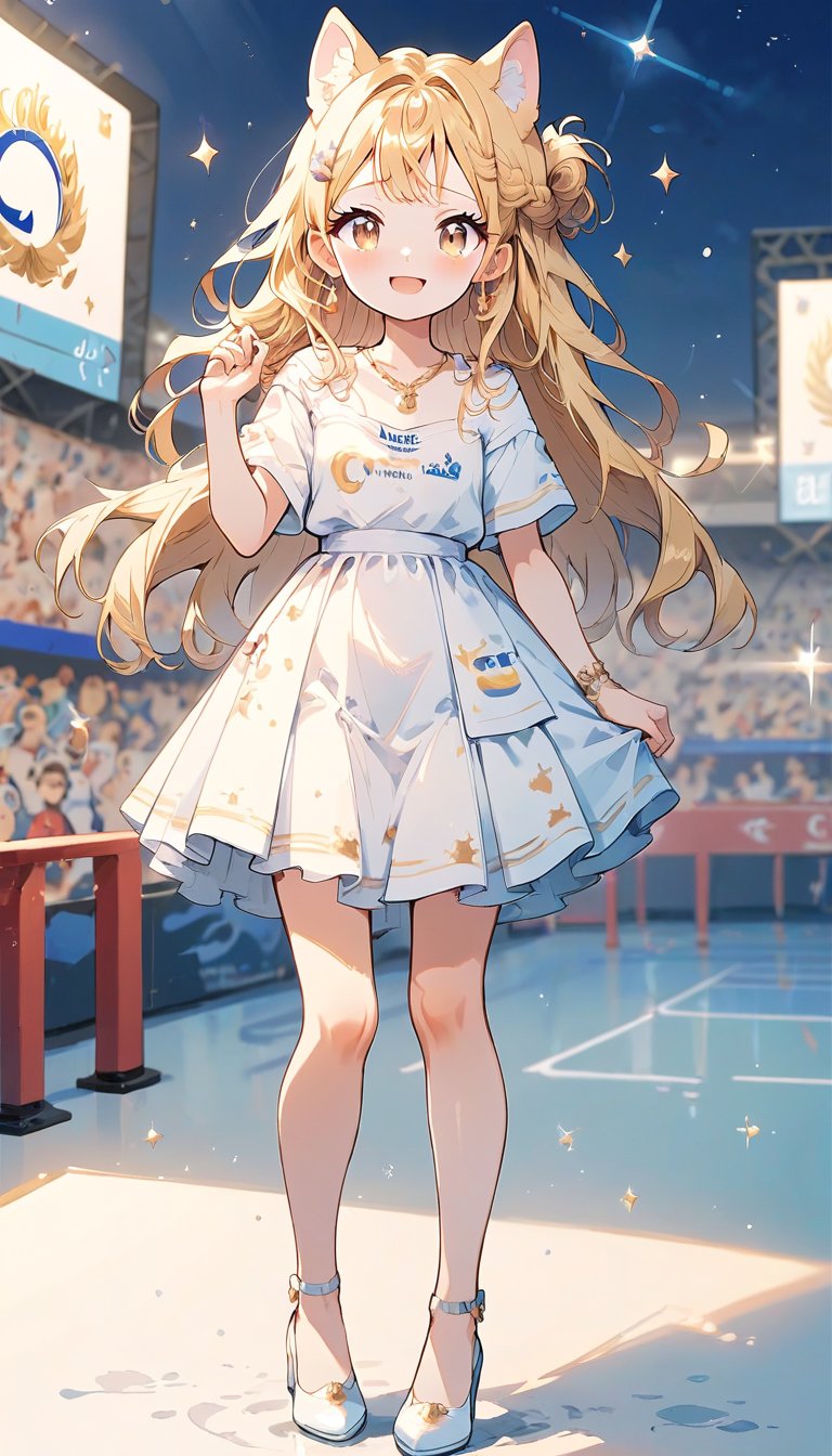 score_9_up, score_8_up, score_7_up,score_6_up,score_5_up,source_anime,masterpiece,best quality,illustration,cute,kawaii,1girl,solo,blonde hair,french_braid,dog ears,gradient brown eyes,At the (Olympic closing ceremony:1.5),Her expression reflects both the sadness of the event’s end and the satisfaction of having given her all. Amidst the applause and cheers from the audience,night,formal dress primarily white with golden embroidery,beautifully shimmering in the light,The hem of the dress flares out gracefully, swaying elegantly with her movements. She wears simple yet elegant heels, perfectly complementing her overall look,the girl wears a beaming smile