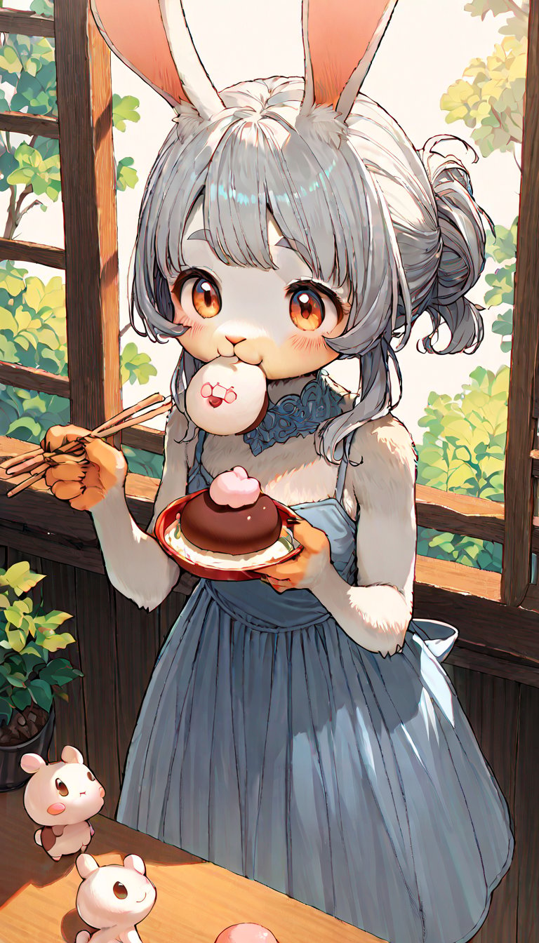 score_9, score_8up, score_7up, score_6up, score_5up,source_anime,source_furry,rabbit anthro,cute,kawaii,1girl,solo,silver hair,rabbit ears,evening dress,(eating mochi trail:1.5),holding chopsticks,indoors,night