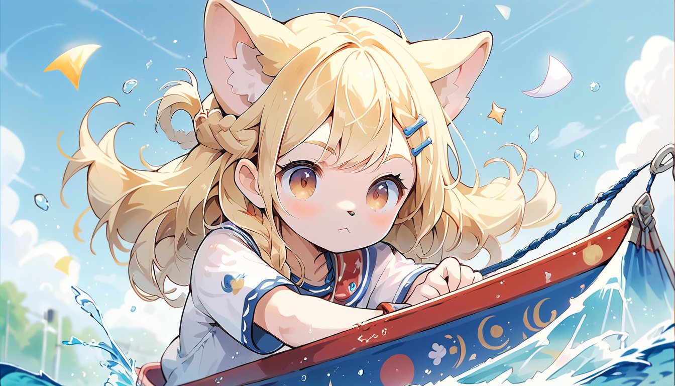 score_9_up, score_8_up, score_7_up,score_6_up,score_5_up,source_anime,masterpiece,best quality,illustration,cute,kawaii,1girl,solo,blonde hair,french_braid,dog ears,gradient brown eyes,On the Olympic stage, a woman is rowing with all her might. Her face shows a serious expression, and you can see the tension in her muscles. Amidst the splashing water, her boat moves forward powerfully, with the audience’s eyes focused on her. Her figure, putting everything into this moment, truly embodies the beauty and tension of sports, score_9_up,(sailing:1.5)