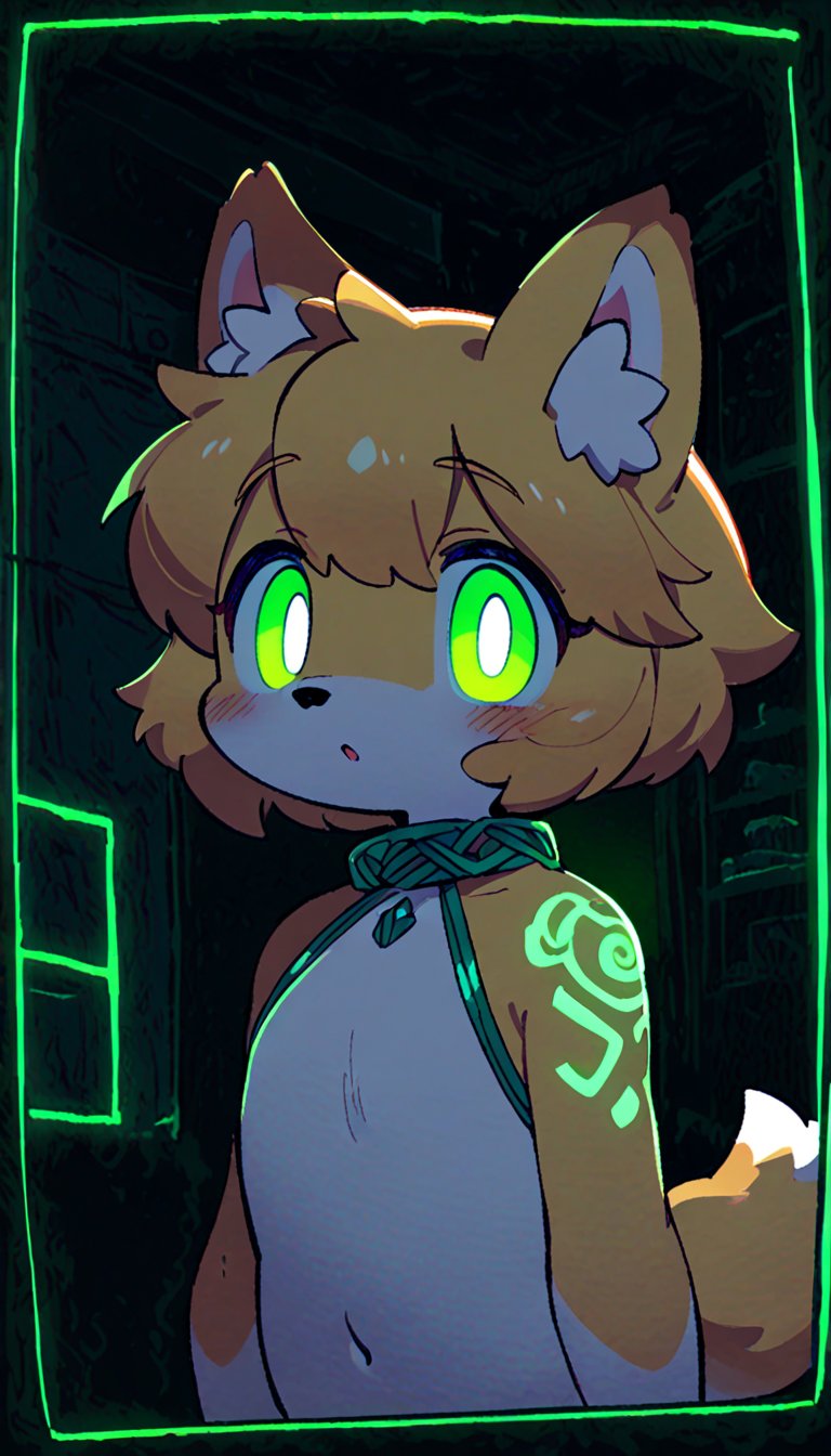 (furry:1.3),anthro,cute,kawaii,1girl,solo,dog ears,blonde hair,gradient brown eyes,indoors,(dark room:1.4),her body adorned with (glowing neon green Ancient magical tattoo,upper body:1.5),high-contrast anime-style,full body,