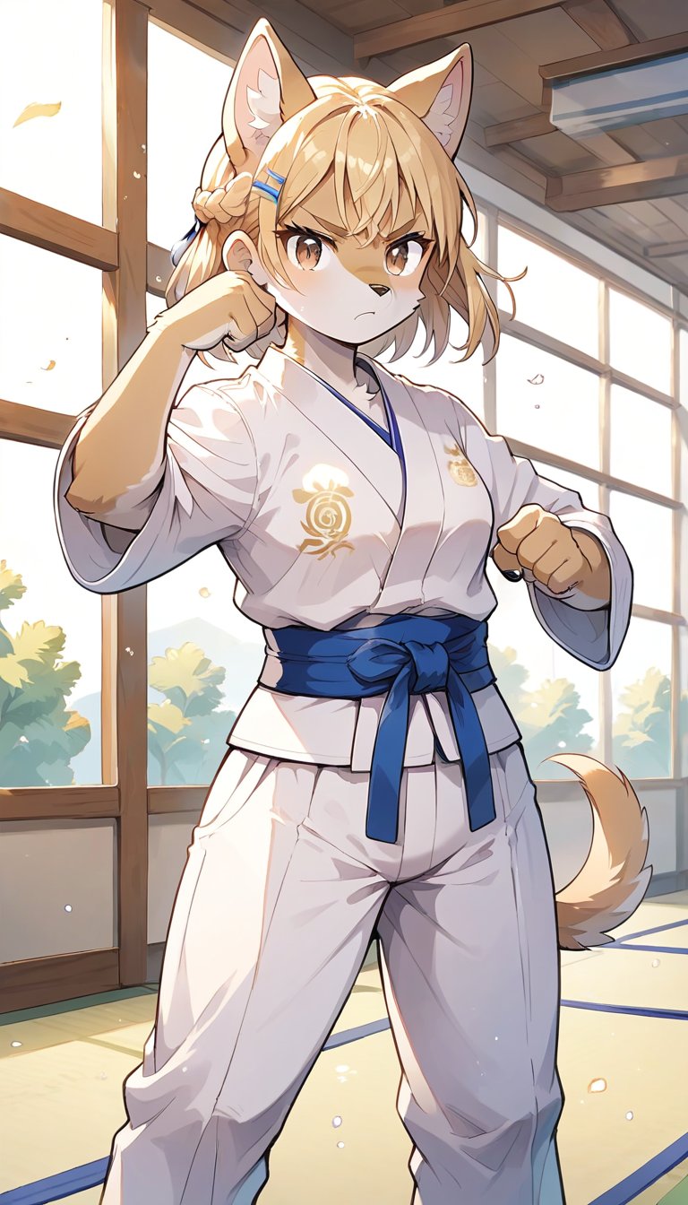 score_9_up, score_8_up, score_7_up,score_6_up,score_5_up,source_anime,masterpiece,best quality,illustration,cute,kawaii,1girl,solo,blonde hair,french_braid,dog ears,gradient brown eyes,paris olympic,judo, wearing judo wear,tatami,judo,sutanding,serious,indoors,furry,judo match,(female judo athlete:1.4),Judo combat pose