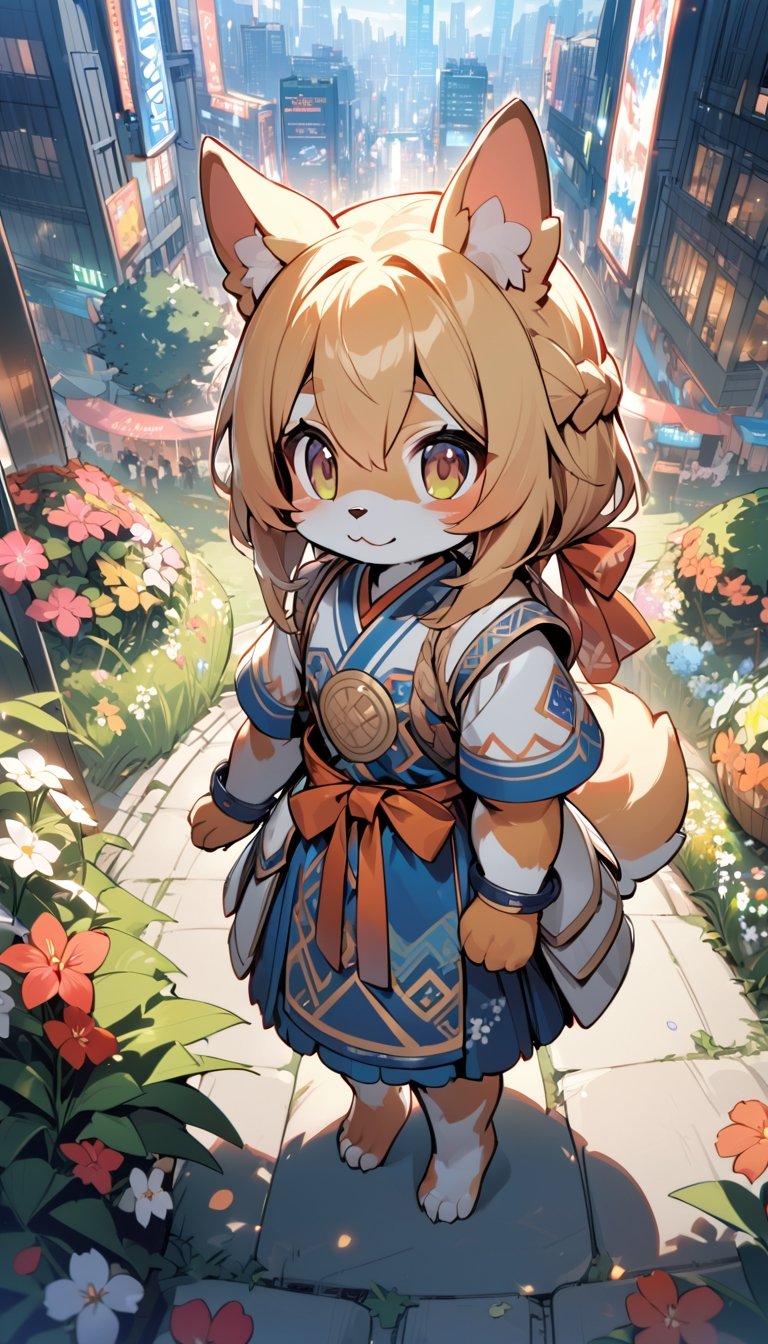 1girl,solo,dog ears,french braid,blonde hair,detailed and gradient brown eyes,(knight dress:1.1),(ainu dress:1.1),standing
BREAK
outdoors,spring flower garden,night,(cybercity:1.3),magnificent view
BREAK
masterpiece,best quality,ultra detailed,highres,absurdres,illustration,cute,kawaii,perfect arrangement,(brave:1.3),(furry:1.15),furry