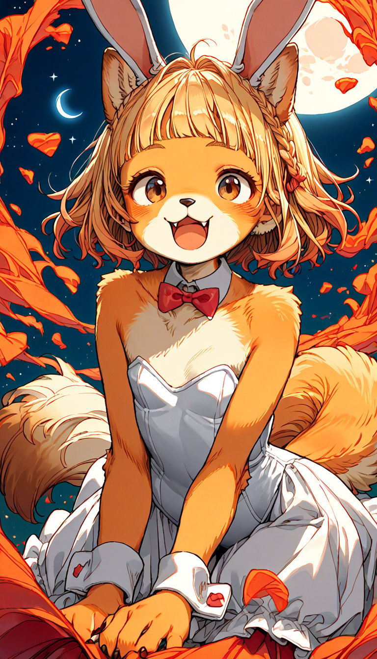 score_9, score_8up, score_7up, score_6up, score_5up,source_anime,source_furry,(anthro:1.3),cute,kawaii,1girl,solo,dog ears,blonde hair,gradient brown eyes,(white playboy bunny:1.2) fused with white lolita fashion,collarbone,(surprised:0.6),open mouth,moon,dango