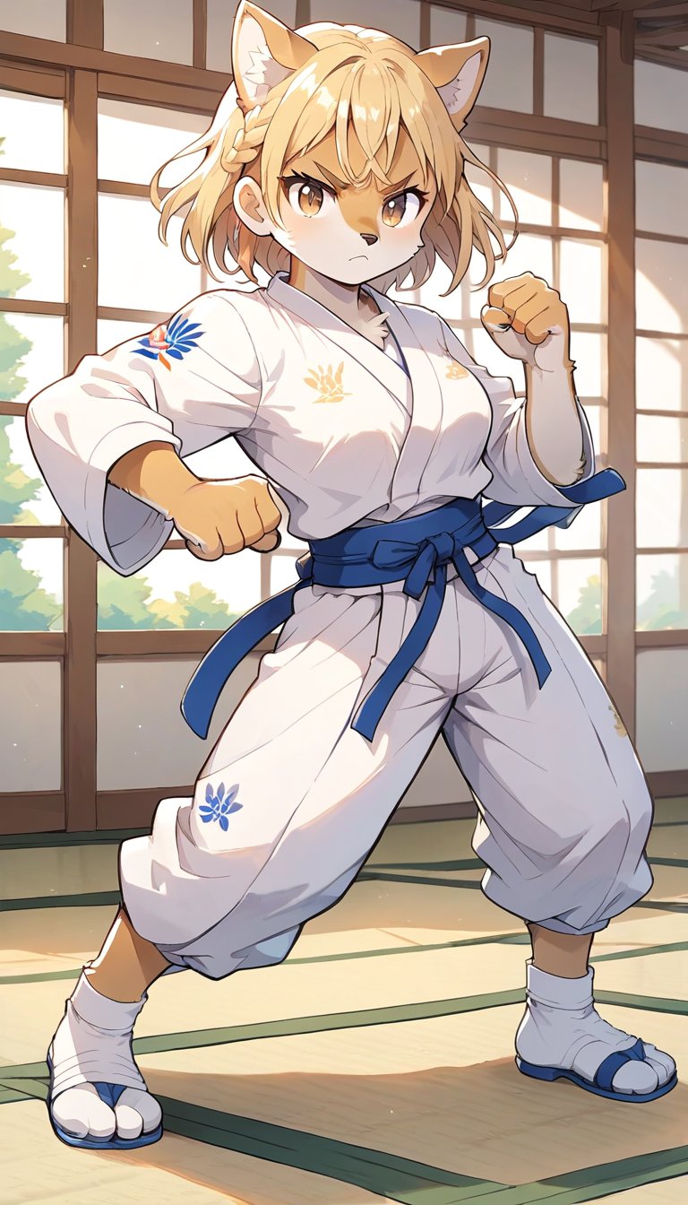 score_9_up, score_8_up, score_7_up,score_6_up,score_5_up,source_anime,masterpiece,best quality,illustration,cute,kawaii,1girl,solo,blonde hair,french_braid,dog ears,gradient brown eyes,paris olympic,judo, wearing judo wear,tatami,judo,sutanding,serious,indoors,furry,judo match,(female judo athlete:1.4),Judo combat pose