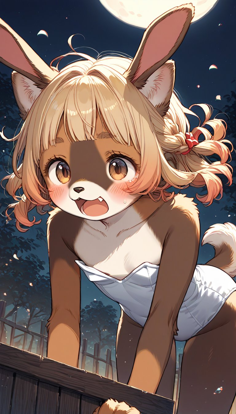 score_9, score_8up, score_7up, score_6up, score_5up,source_anime,source_furry,(anthro:1.3),cute,kawaii,1girl,solo,dog ears,blonde hair,gradient brown eyes,(white playboy bunny:1.2) fused with white lolita fashion,(pounding mochi:1.5),collarbone,(Pastel color:1.3),downblouse,(surprised:0.6),open mouth,(Hardworking:0.8),moon,Deformed