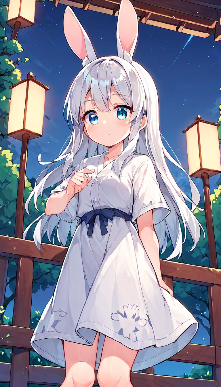 score_9, score_8up, score_7up, score_6up, score_5up,source_anime,cute,kawaii,1girl,solo,silver hair,rabbit ears,outdoors,night,(kimono:0.5) dress,overlooking,gradient night sky