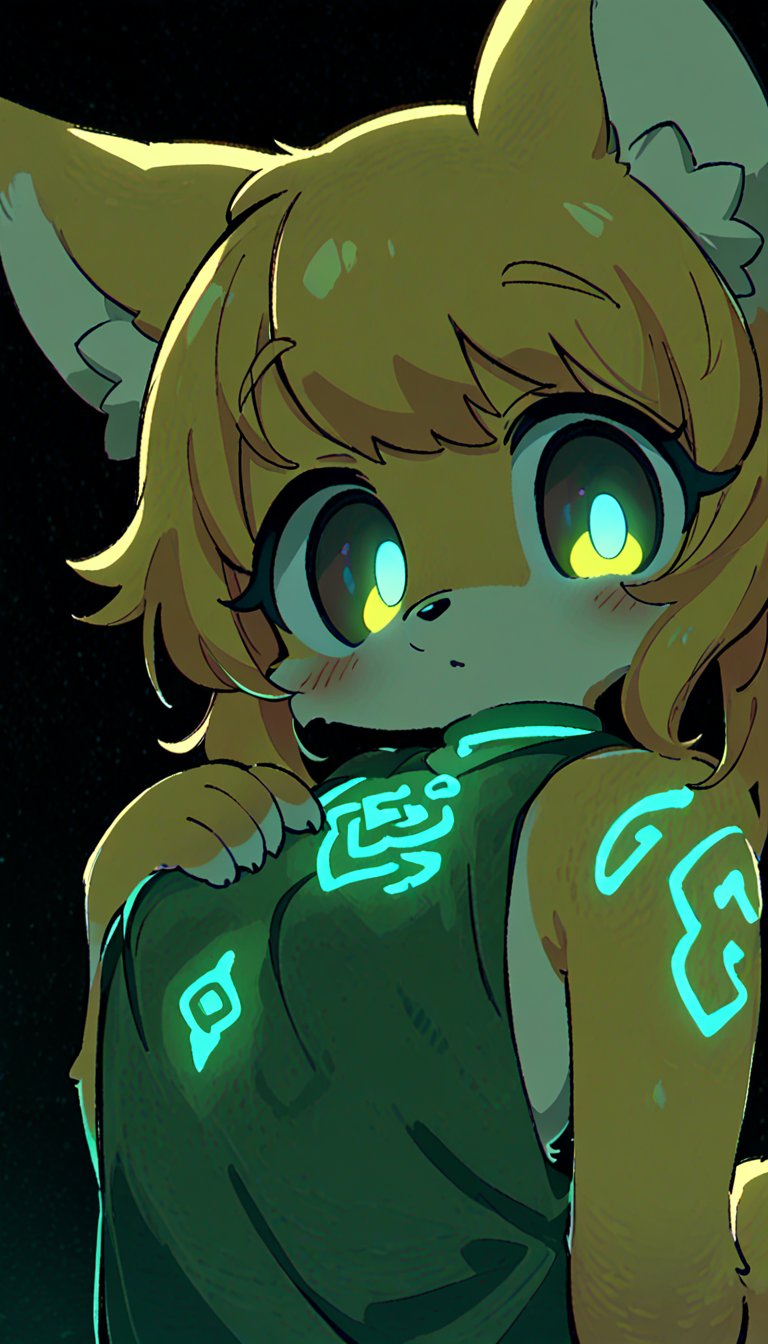 (furry:1.3),anthro,cute,kawaii,1girl,solo,dog ears,blonde hair,gradient brown eyes,indoors,(dark room:1.4),her body adorned with (glowing neon green Ancient magical tattoo,upper body:1.5),high-contrast anime-style,full body,