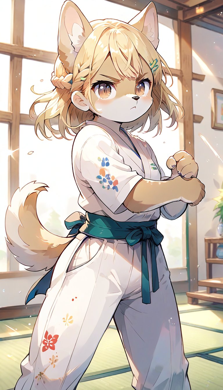 score_9_up, score_8_up, score_7_up,score_6_up,score_5_up,source_anime,masterpiece,best quality,illustration,cute,kawaii,1girl,solo,blonde hair,french_braid,dog ears,gradient brown eyes,paris olympic,,judo cloth,tatami,judo,sutanding,serious,indoors,white pants,furry,fighting stance