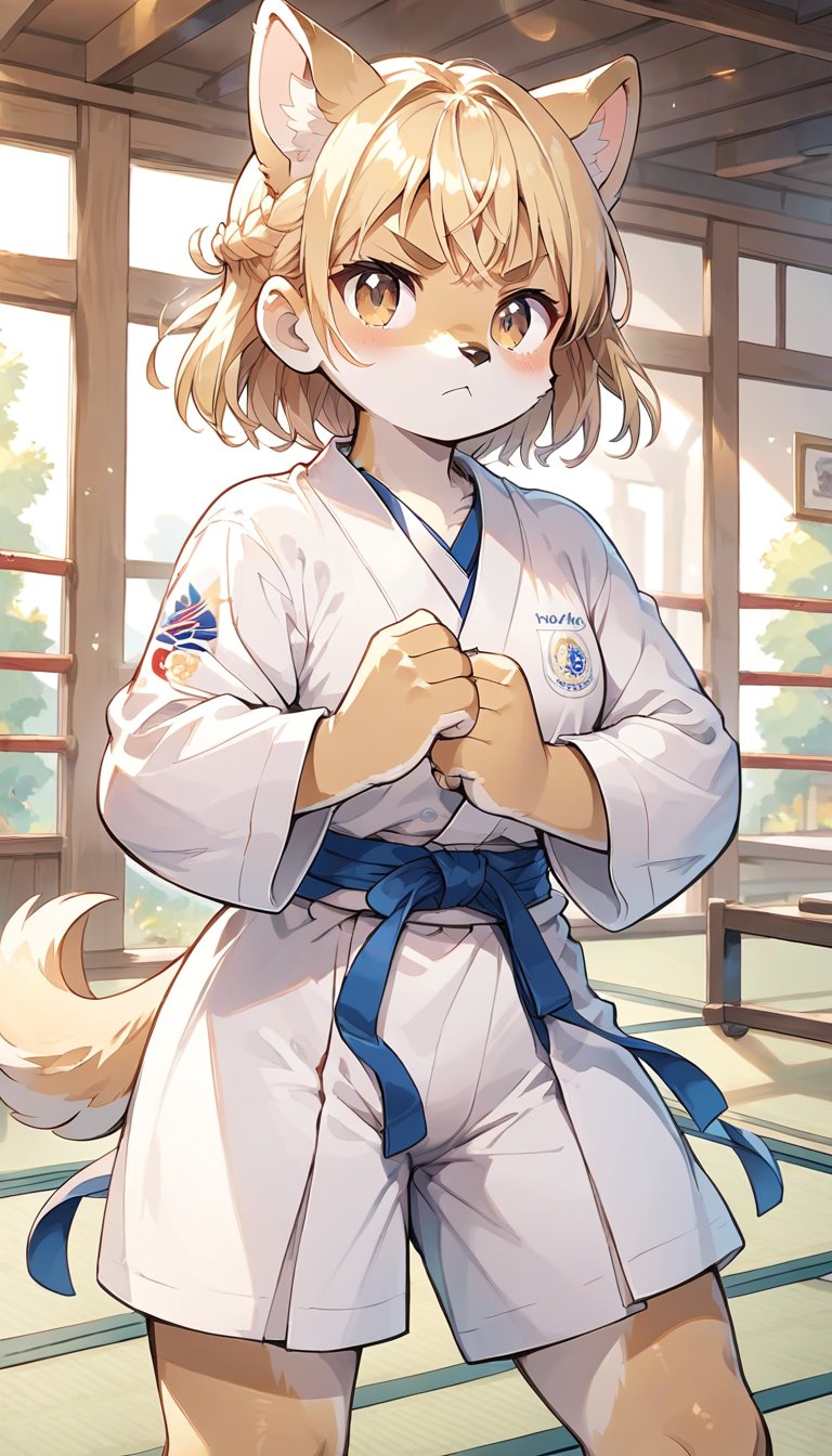 score_9_up, score_8_up, score_7_up,score_6_up,score_5_up,source_anime,masterpiece,best quality,illustration,cute,kawaii,1girl,solo,blonde hair,french_braid,dog ears,gradient brown eyes,paris olympic,judo, wearing judo wear,tatami,judo,sutanding,serious,indoors,furry,judo match