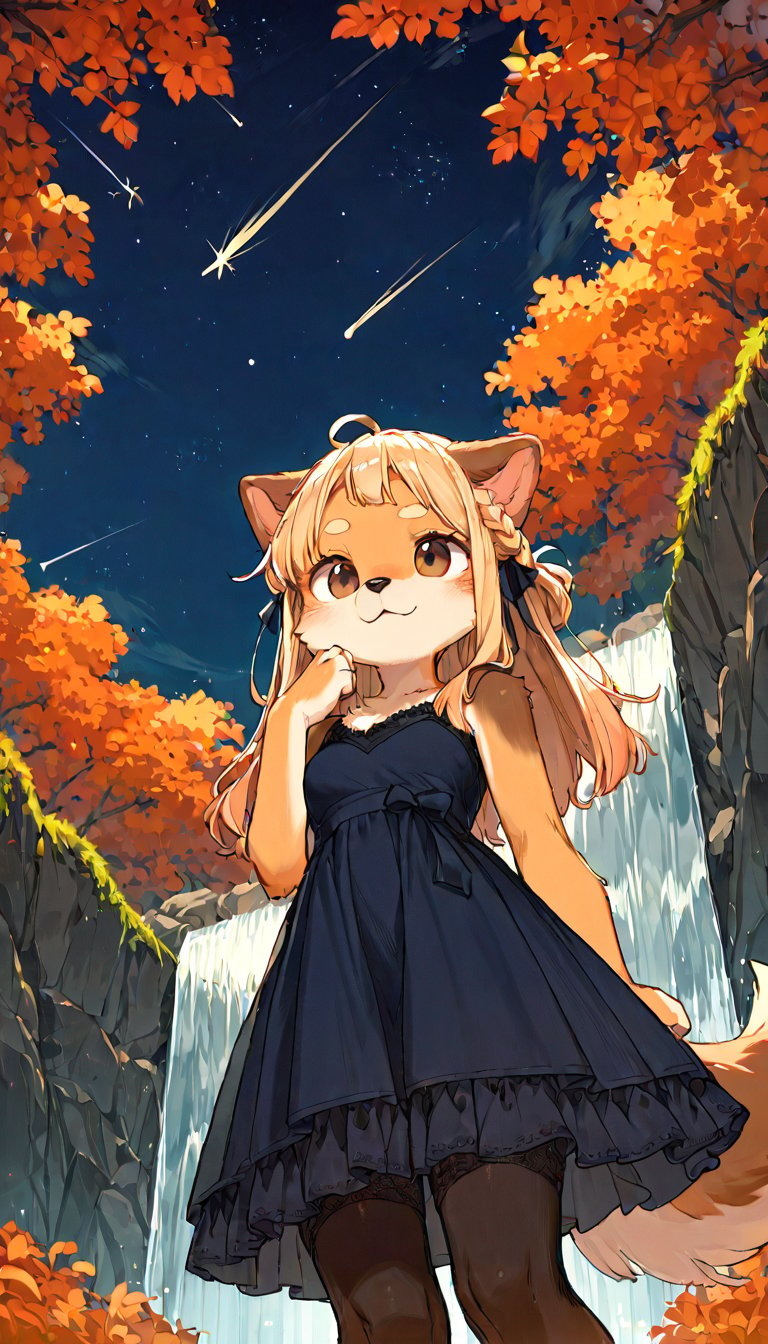 score_9, score_8up, score_7up, score_6up, score_5up,source_anime,source_furry,(furry:1.3),dog anthro,cute,kawaii,1girl,solo,blonde hair,dog ears fluff,french braid,brown eyes,evening dress,autumn,waterfall,night,(shooting star:1.3),(from below:1.3),black legwear,