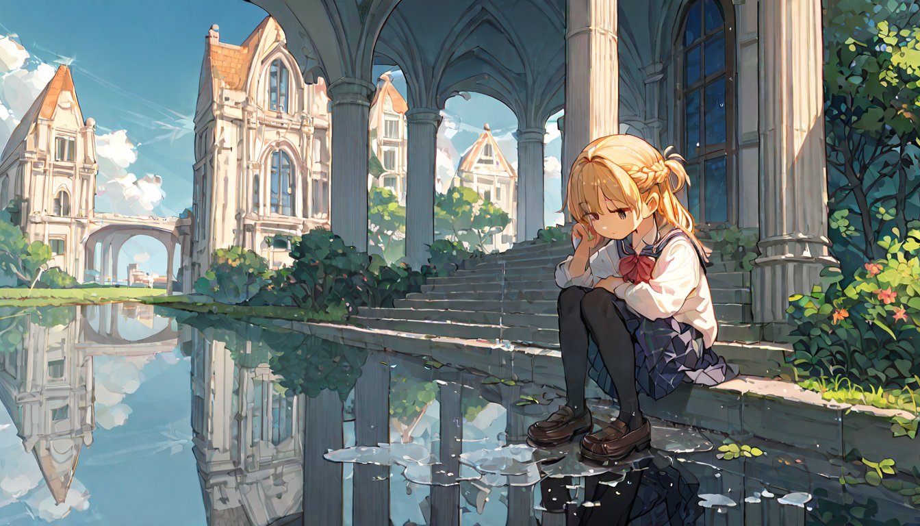 score_9, score_8up, score_7up, score_6up, score_5up,source_anime,cute,kawaii,1girl,solo,blonde hair,french braid,school uniform,after rain,puddle,arch rainbow,reflection sky