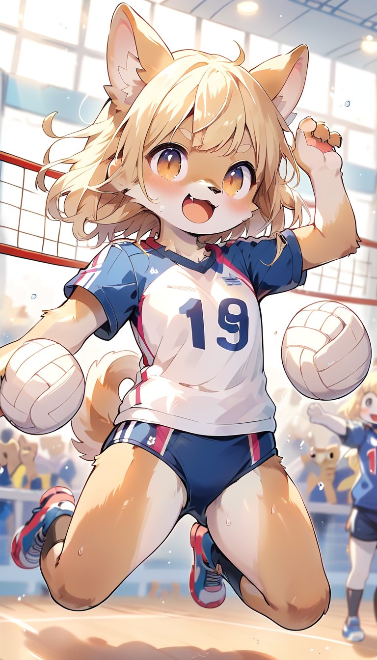  score_9_up, score_8_up, score_7_up,score_6_up,score_5_up,source_anime,masterpiece,best quality,illustration,cute,kawaii,1girl,solo,blonde hair,french_braid,dog ears,gradient brown eyes,On the Olympic stage,a girl playing volleyball. Her sporty posture and focused expression convey a strong determination to win.indoors,volleyball uniform,sweat,serious,(excited:1.1),open mouth,(furry:1.3),(jumping Serve in volleyball:1.4),buruma,(very wide shot:1.3)