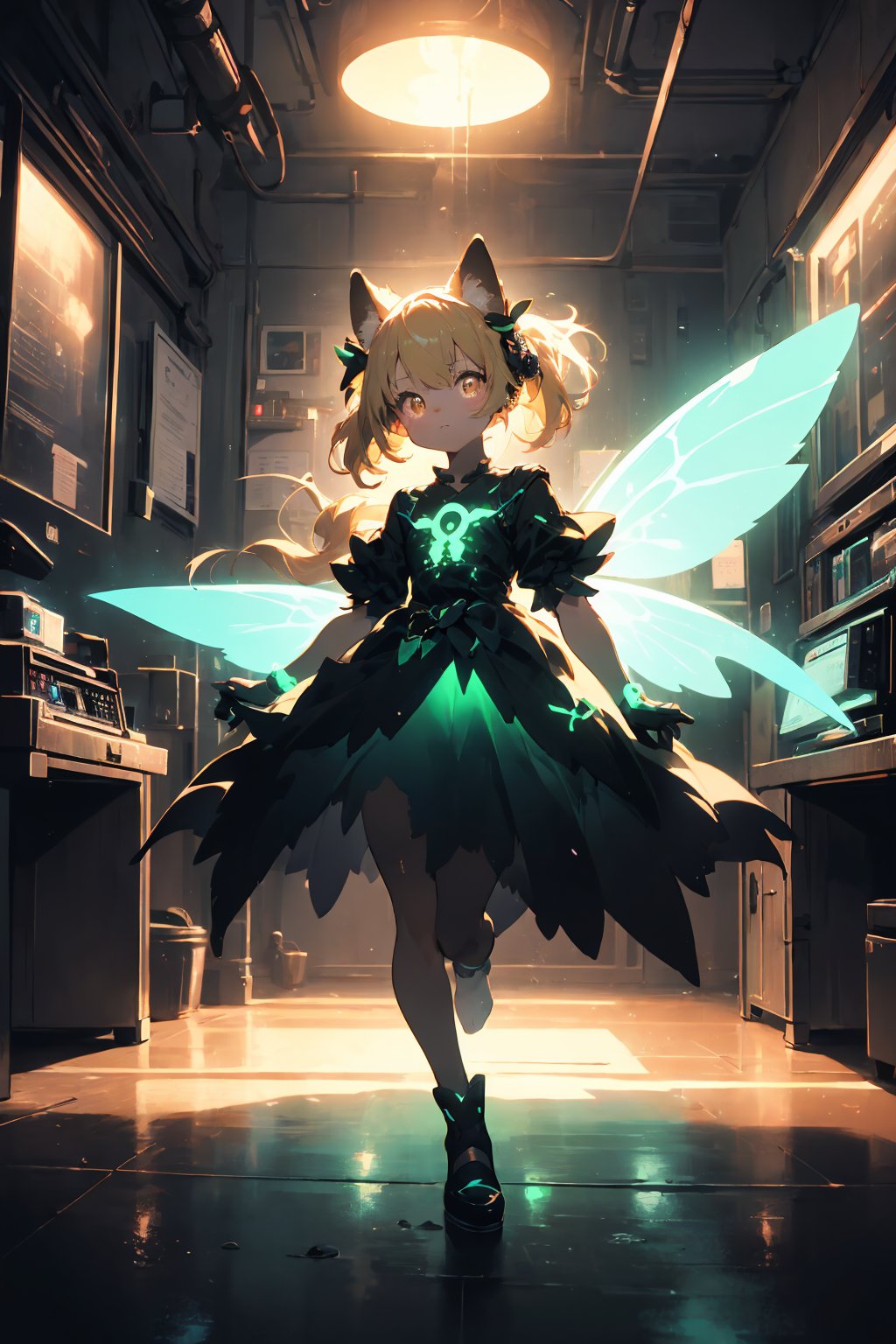 masterpiece,best quality,ultra detailed,highres,absurdres,illustratio,anthro,cute,kawaii,1girl,solo,dog ears,blonde hair,gradient brown eyes,(glowing neon green mechanical wings:1.0),high-contrast,anime-style,(darkness room:1.3),fairy dress,