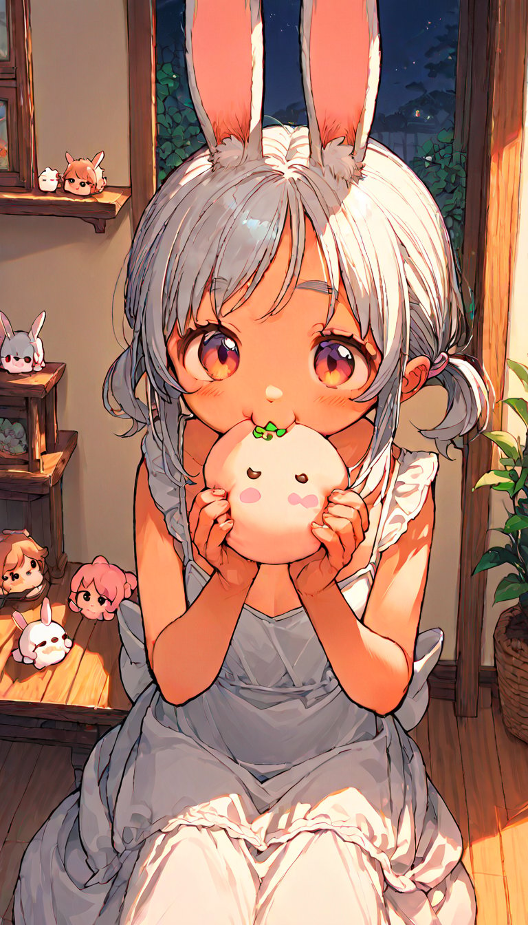 score_9, score_8up, score_7up, score_6up, score_5up,source_anime,source_furry,cute,kawaii,1girl,solo,silver hair,rabbit ears,evening dress,(eating mochi:1.5),indoors,night