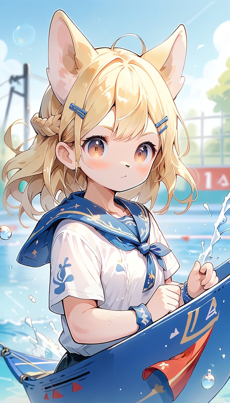 score_9_up, score_8_up, score_7_up,score_6_up,score_5_up,source_anime,masterpiece,best quality,illustration,cute,kawaii,1girl,solo,blonde hair,french_braid,dog ears,gradient brown eyes,On the Olympic stage, a woman is sailing with all her might. Her face shows a serious expression, and you can see the tension in her muscles. Amidst the splashing water, her boat moves forward powerfully, with the audience’s eyes focused on her. Her figure, putting everything into this moment, truly embodies the beauty and tension of sports, score_9_up,(sailing:1.5)