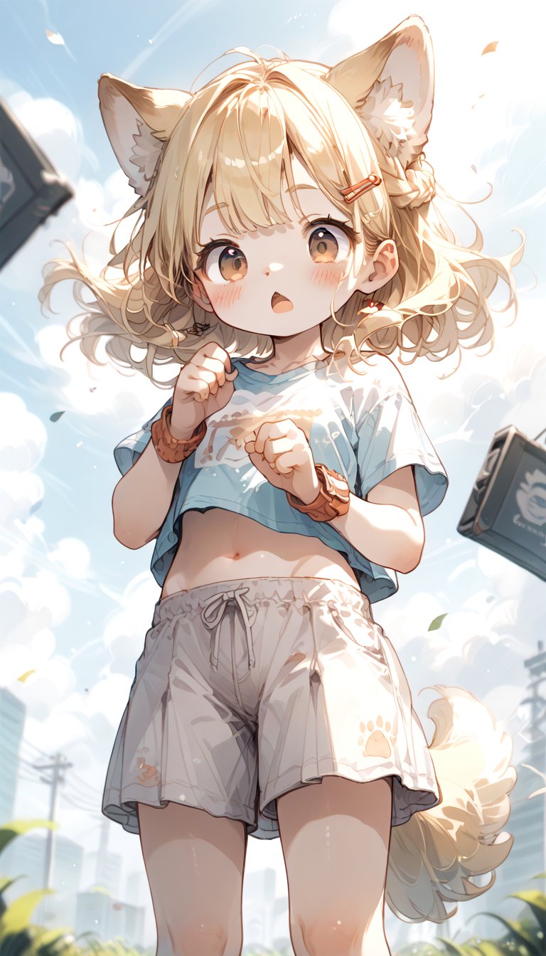 score_9_up, score_8_up, score_7_up,score_6_up,score_5_up,source_anime,source_furry,masterpiece,best quality,illustration,cute,kawaii,1girl,solo,dog ears,blonde hair,french braid,gradient brown eyes,midriff,groin,Deformed,feral furry,(underboob:0.8),wind,from below,surprised,blush