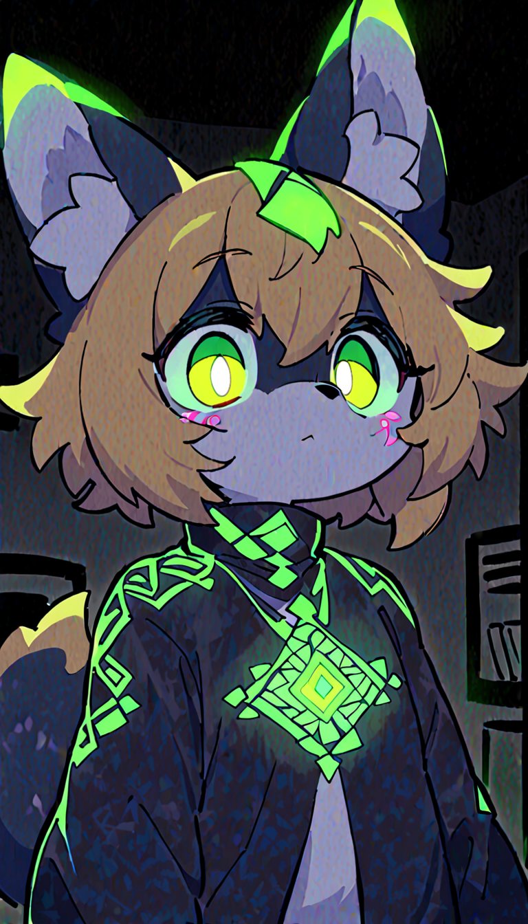 (furry:1.3),anthro,cute,kawaii,1girl,solo,dog ears,blonde hair,gradient brown eyes,indoors,(dark room:1.4),her body adorned with (glowing neon green zentangle heresy tattoos:1.4),(upper face:1.3),high-contrast anime-style,