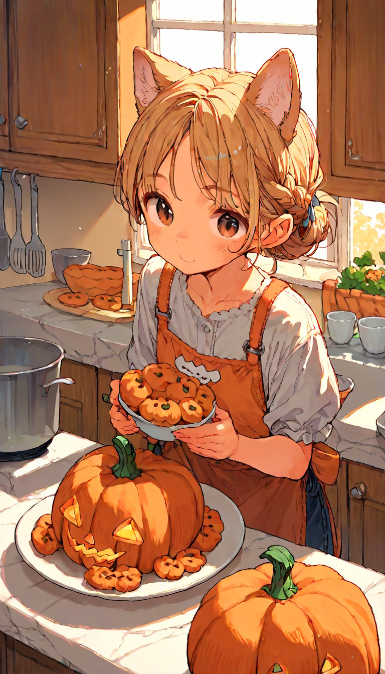 score_9, score_8up, score_7up, score_6up, score_5up,source_anime,cute,kawaii,1girl,solo,blonde hair,dog ears fluff,french braid,brown eyes,making Pumpkin pudding,indoors,kitchen,