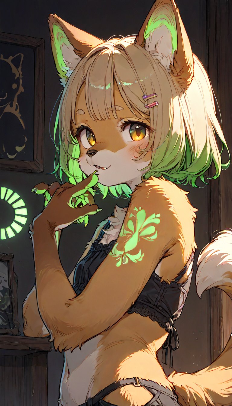 score_9, score_8up, score_7up, score_6up, score_5up,source_anime,source_furry,(furry:1.3),anthro,cute,kawaii,1girl,solo,dog ears,blonde hair,gradient brown eyes,indoors,(dark room:1.2),her body adorned with (glowing neon green geometric pattern tattoos:1.5),The intricate geometric pattern illuminate the shadows around her,upper body