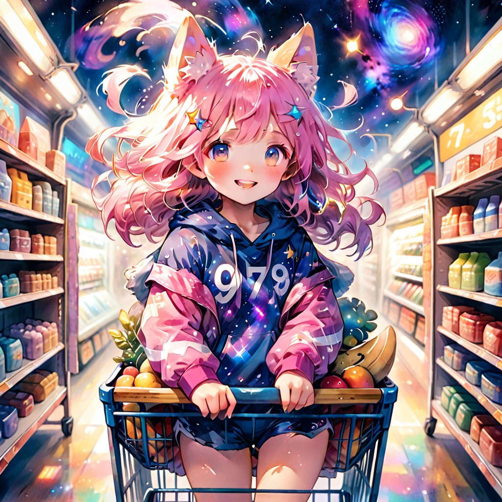 score_9_up, score_8_up, score_7_up,score_6_up,score_5_up,source_anime,masterpiece,best quality,illustration,cute,kawaii,1girl,solo,pink Iridescent hair,wofl girl,long hair,on shopping cart,The girl riding a shopping cart through warp space speeds forward as if cutting through the wind. Her hair dances in the breeze, and her eyes are filled with sparkle. Stars and galaxies spread out around the cart, creating a fantastical scene as if she is racing through the universe. Her smile is full of adventure, evoking a sense of limitless possibilities,source_furry,(furry:1.3),watercolor \(medium\),speed,speed_lines,(sense of speed:1.3),(swimsuit:1.2)