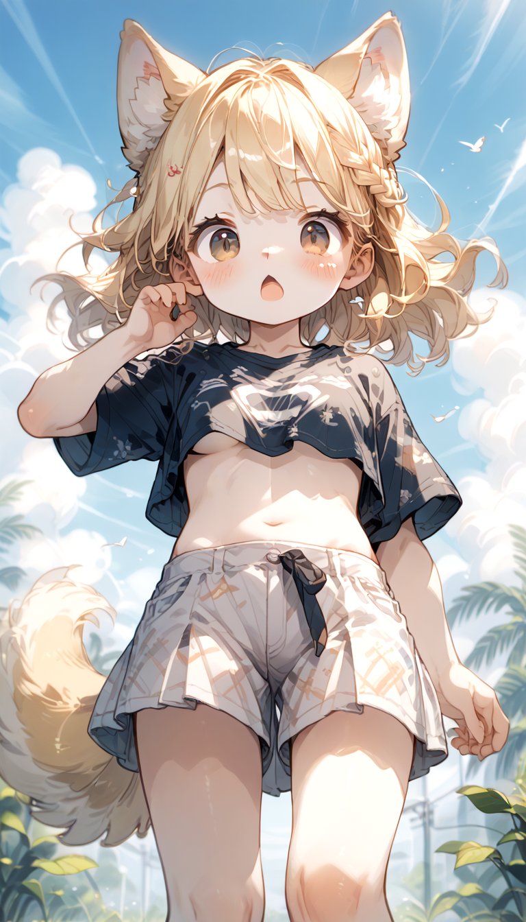 score_9_up, score_8_up, score_7_up,score_6_up,score_5_up,source_anime,source_furry,masterpiece,best quality,illustration,cute,kawaii,1girl,solo,dog ears,blonde hair,french braid,gradient brown eyes,midriff,groin,Deformed,feral furry,(underboob:0.95),wind,from below,surprised,blush,looking_at_viewer,miniskirt,arms in leg,beastonished,(pantie:0.7)