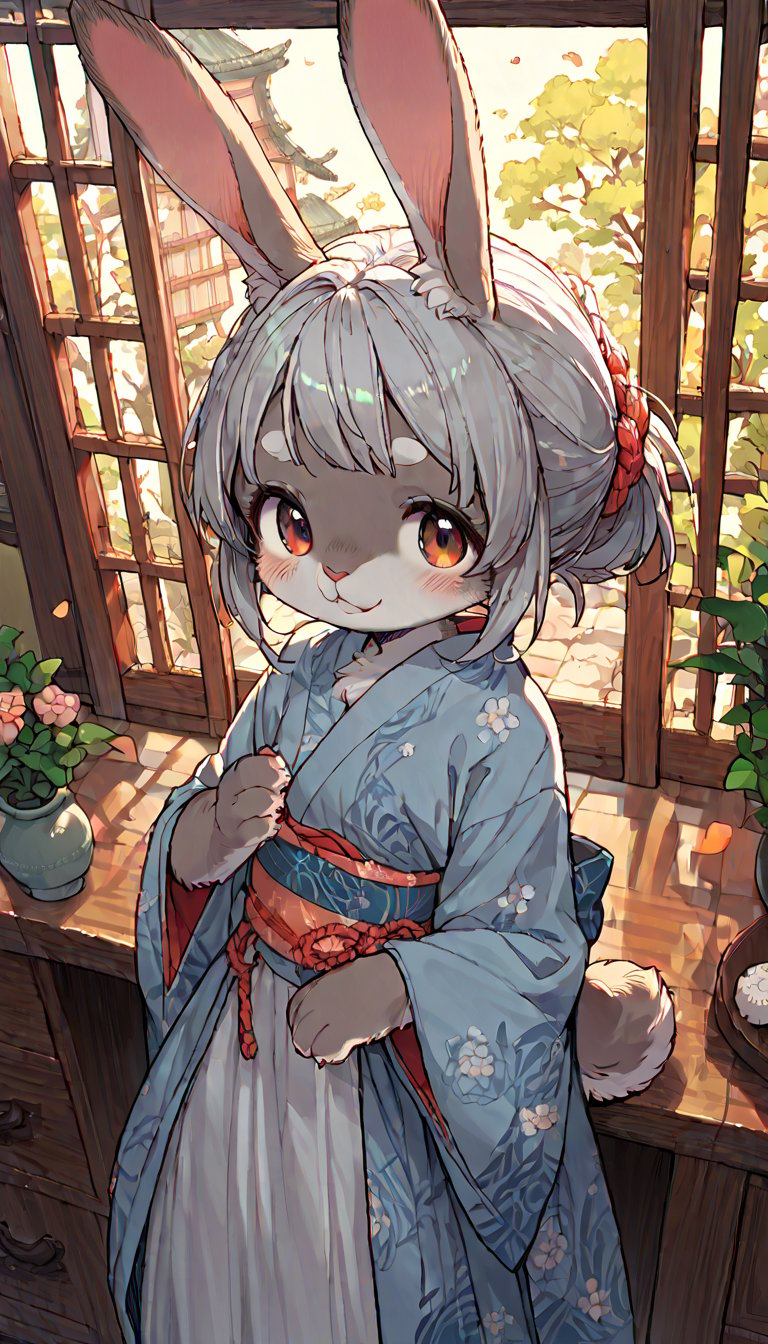 score_9, score_8up, score_7up, score_6up, score_5up,source_anime,source_furry,(furry:1.3),rabbit anthro,cute,kawaii,1girl,solo,silver hair,rabbit ears fluff,evening kimono dress,mochi trail,indoors,night