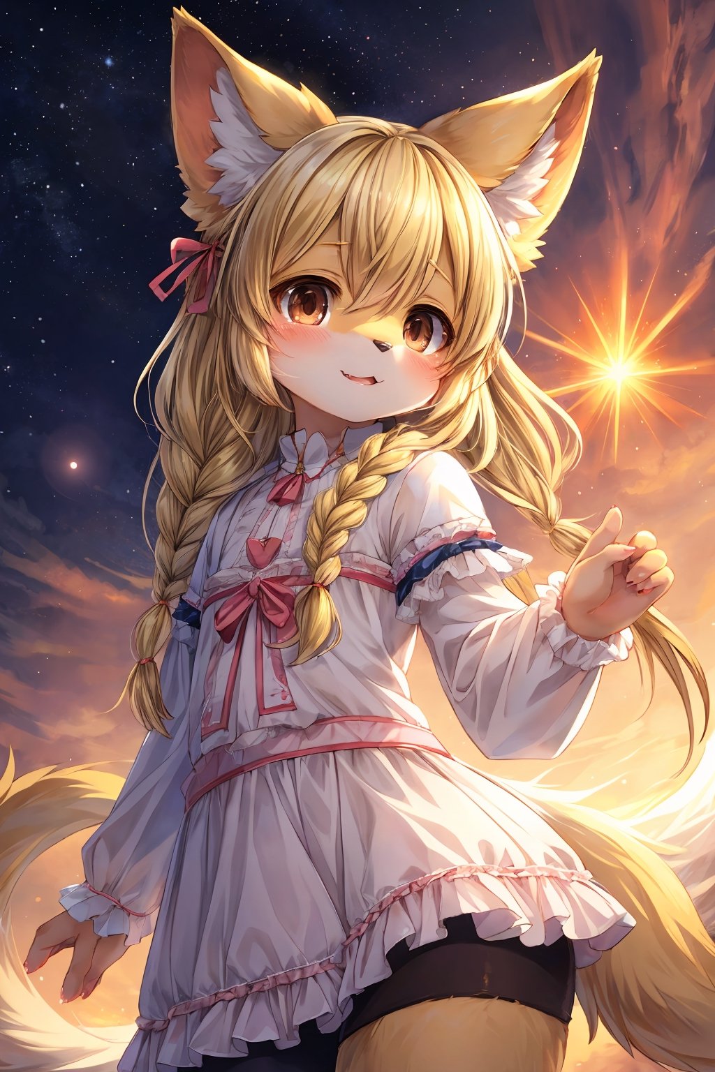 masterpiece,best quality,ultra detailed,highres,absurdres,illustration,cute,kawaii,(girlish:1.1),feminine,soft,texture,long eyelash,
BREAK 1girl,solo,dog ears,french braid,blonde hair,detailed and gradient brown eyes,girly ainu,solar flare,kemono,(furry:1.3)