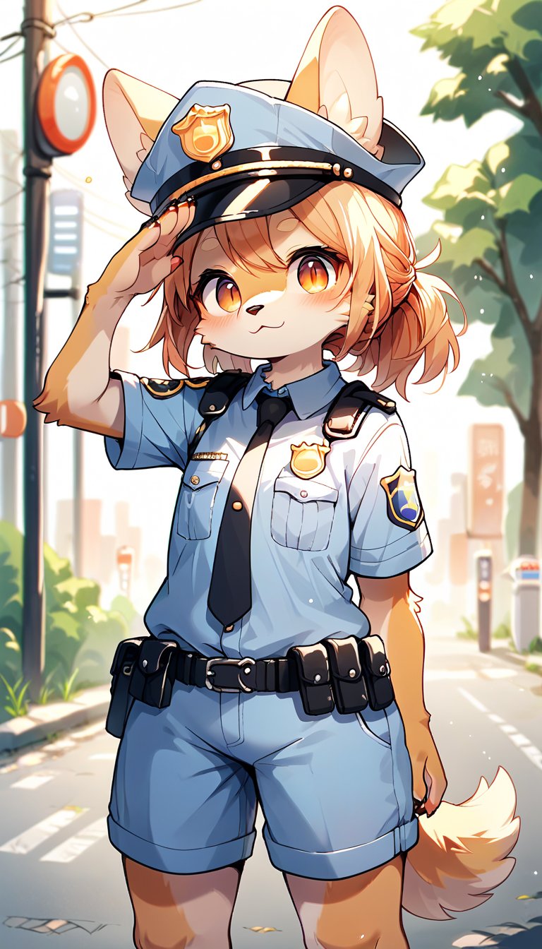 score_9, score_8_up, score_7_up, score_6_up, score_5up,source_anime,source_furry,furry,anthro,kemono,cute,kawaii,vivid color.1girl,solo,dog ears,brown eyes,police uniform,gallant expression,salute,cowboy shot,Deformed, score_9_up,outdoors,overlooking,traffic light