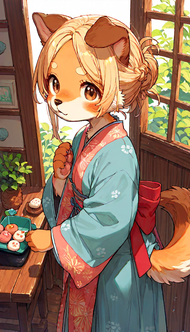 score_9, score_8up, score_7up, score_6up, score_5up,source_anime,source_furry,(furry:1.3),dog anthro,cute,kawaii,1girl,solo,blonde hair,dog ears fluff,french braid,brown eyes,evening kimono dress,mochi trail,indoors,night