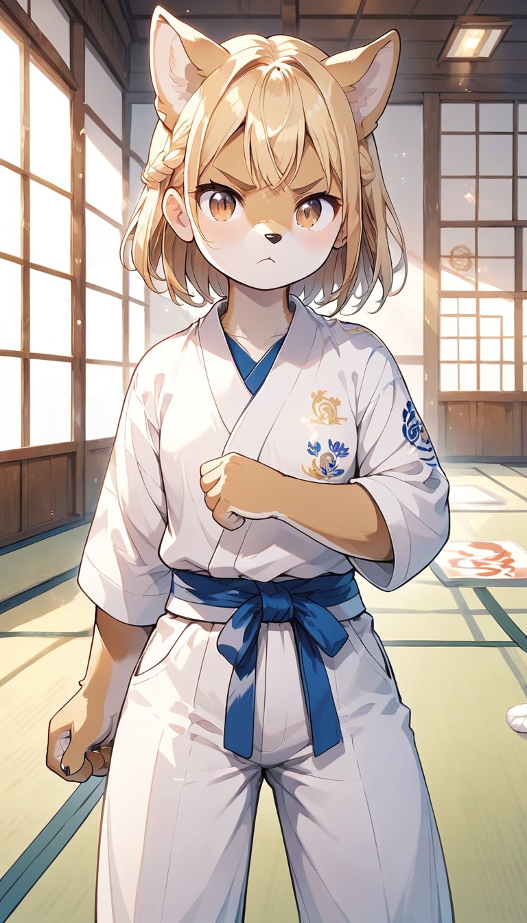 score_9_up, score_8_up, score_7_up,score_6_up,score_5_up,source_anime,masterpiece,best quality,illustration,cute,kawaii,1girl,solo,blonde hair,french_braid,dog ears,gradient brown eyes,paris olympic,judo, wearing judo wear,tatami,judo,sutanding,serious,indoors,white pants,furry,judo match