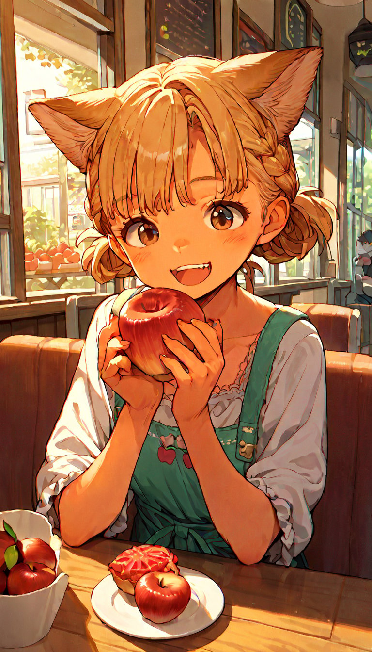 score_9, score_8up, score_7up, score_6up, score_5up,source_anime,source_furry,cute,kawaii,1girl,solo,blonde hair,dog ears fluff,french braid,brown eyes,Apple pie,cafe,indoors,cozy,downlight,enraptured,happy,daylight