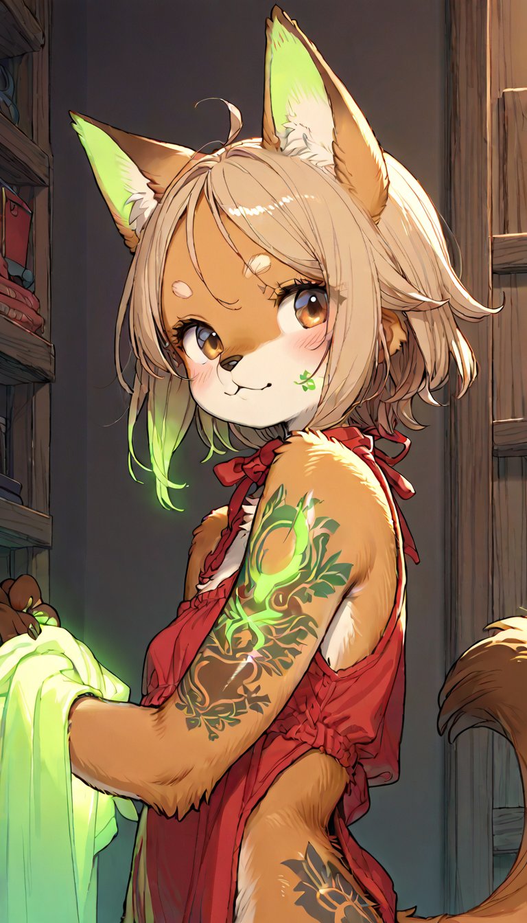 score_9, score_8up, score_7up, score_6up, score_5up,source_anime,source_furry,(furry:1.3),anthro,cute,kawaii,1girl,solo,dog ears,blonde hair,gradient brown eyes,indoors,(dark room:1.4),her body adorned with (glowing neon green zentangle tattoos:1.4),The intricateilluminate the shadows around her,(upper face:1.3),high-contrast anime-style,