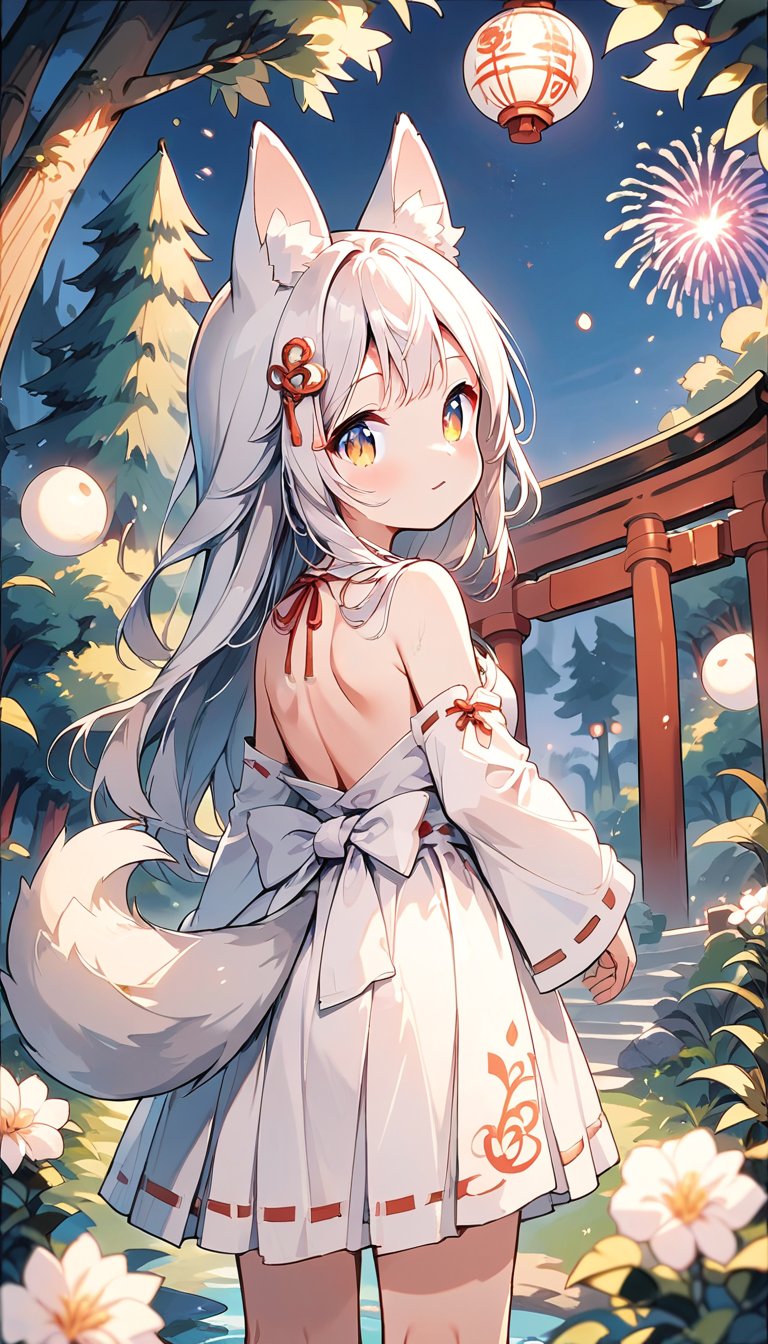 score_9_up, score_8_up, score_7_up,score_6_up,score_5_up,source_anime,masterpiece,best quality,illustration,cute,kawaii,1girl,solo,silver hair,long hair,fox ears,fox tails,formal miko dress primarily white with golden and red embroidery,The hem of the dress flares out gracefully,perfectly complementing her overall look,looking back,torii,shrine gate,fireworks,(dark forest:1.3),(mid night:1.3),silence