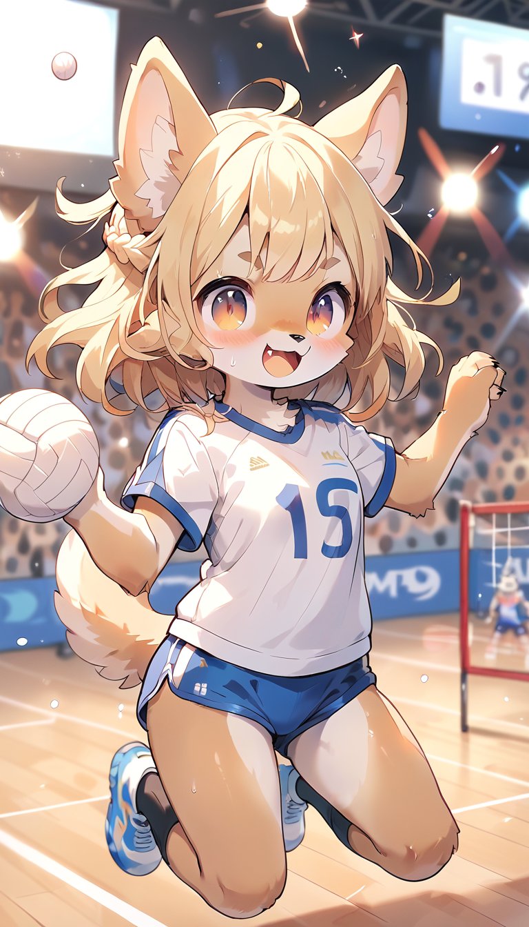  score_9_up, score_8_up, score_7_up,score_6_up,score_5_up,source_anime,masterpiece,best quality,illustration,cute,kawaii,1girl,solo,blonde hair,french_braid,dog ears,gradient brown eyes,On the Olympic stage,a girl playing volleyball. Her sporty posture and focused expression convey a strong determination to win.indoors,volleyball uniform,sweat,serious,(excited:1.1),open mouth,(furry:1.3),(jumping attack:1.3)