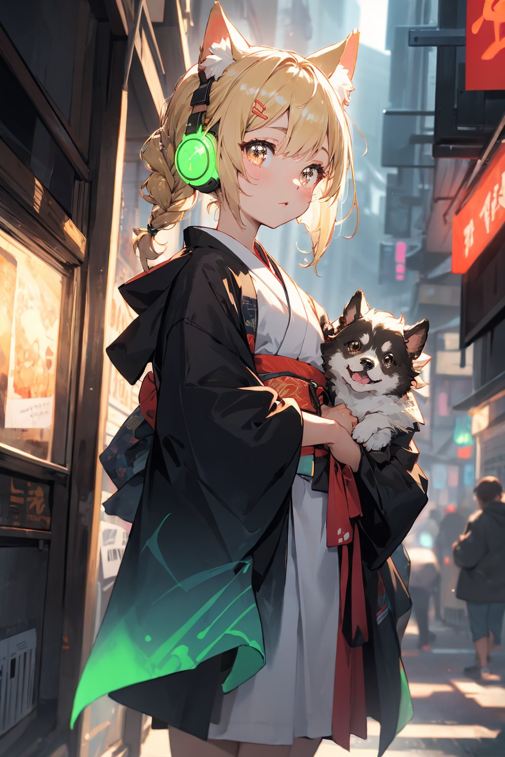 masterpiece,best quality,ultra detailed,highres,absurdres,illustratio,anthro,cute,kawaii,1girl,solo,dog ears,blonde hair,gradient brown eyes,(glowing neon green　headphone:1.0),cool,stylish,french_braid,kimono dress,hair ornament,poster