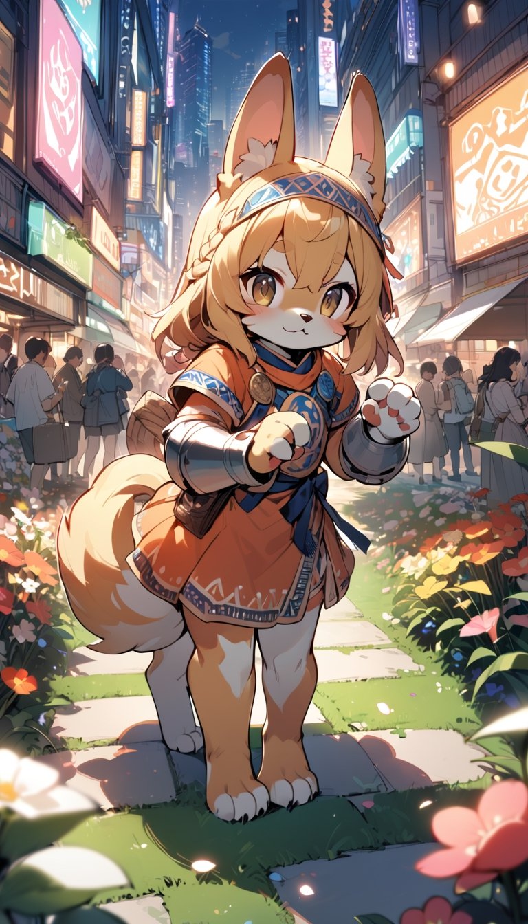 1girl,solo,dog ears,french braid,blonde hair,detailed and gradient brown eyes,(knight dress:1.1),(ainu dress:1.1),standing
BREAK
outdoors,spring flower garden,night,(cybercity:1.3),magnificent view
BREAK
masterpiece,best quality,ultra detailed,highres,absurdres,illustration,cute,kawaii,perfect arrangement,(brave:1.3),(furry:1.15),furry