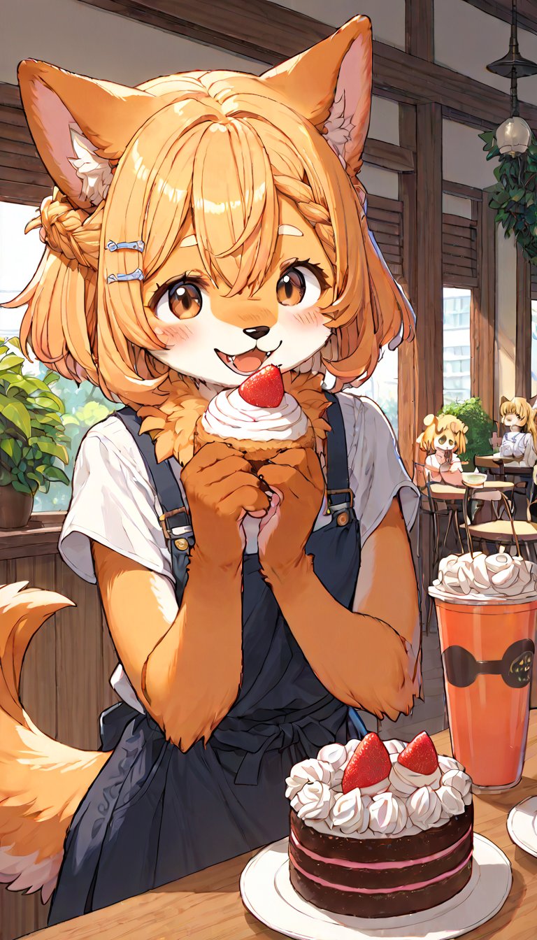 score_9, score_8up, score_7up, score_6up, score_5up,source_anime,source_furry,(furry:1.3),dog anthro,cute,kawaii,1girl,solo,blonde hair,dog ears fluff,french braid,brown eyes,Mont Blanc cake,cafe,indoors,cozy,downlight,enraptured,happy,