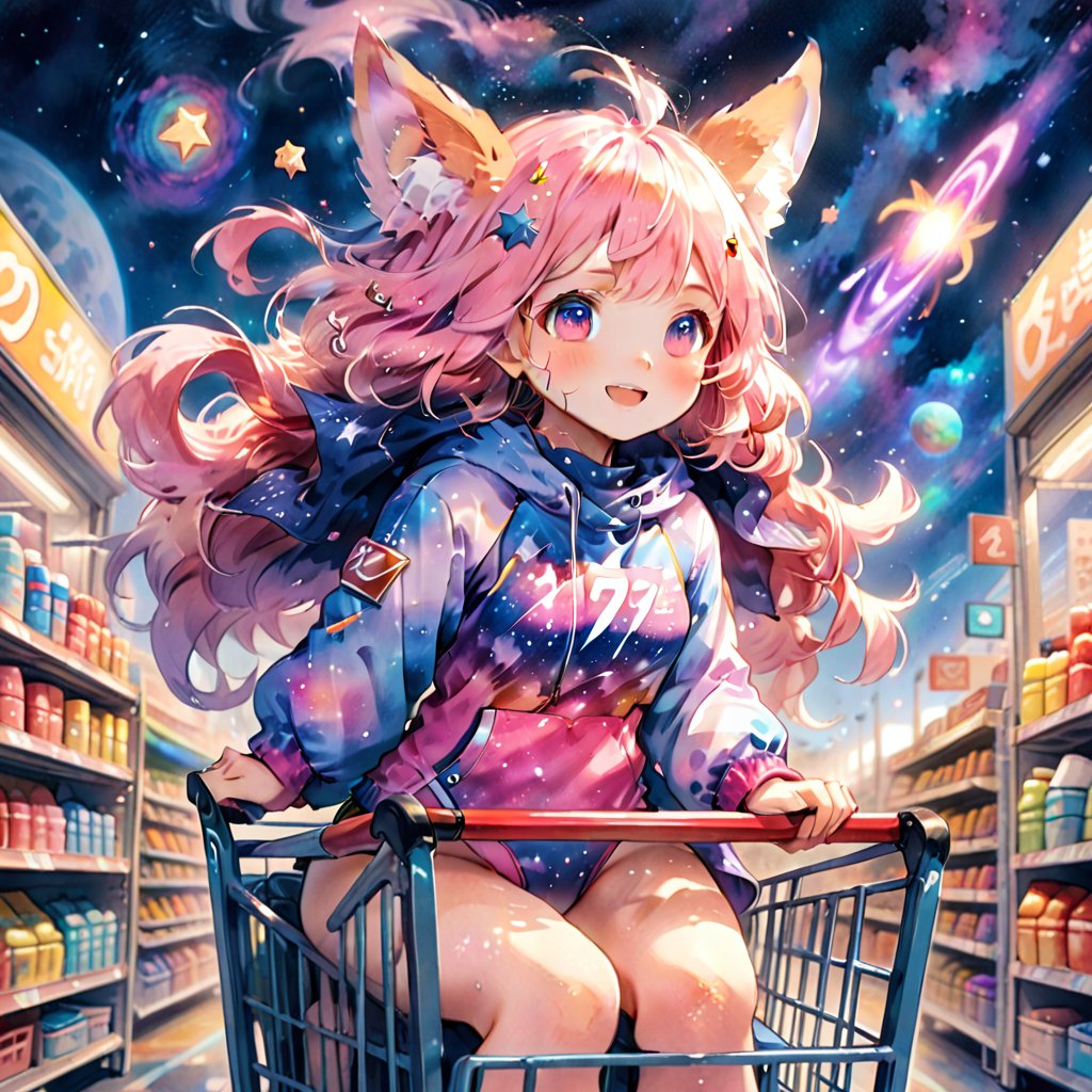 score_9_up, score_8_up, score_7_up,score_6_up,score_5_up,source_anime,masterpiece,best quality,illustration,cute,kawaii,1girl,solo,pink Iridescent hair,wofl girl,long hair,on shopping cart,The girl riding a shopping cart through warp space speeds forward as if cutting through the wind. Her hair dances in the breeze, and her eyes are filled with sparkle. Stars and galaxies spread out around the cart, creating a fantastical scene as if she is racing through the universe. Her smile is full of adventure, evoking a sense of limitless possibilities,source_furry,(furry:1.3),watercolor \(medium\),speed,speed_lines,(sense of speed:1.3),(school swimsuit:1.4)