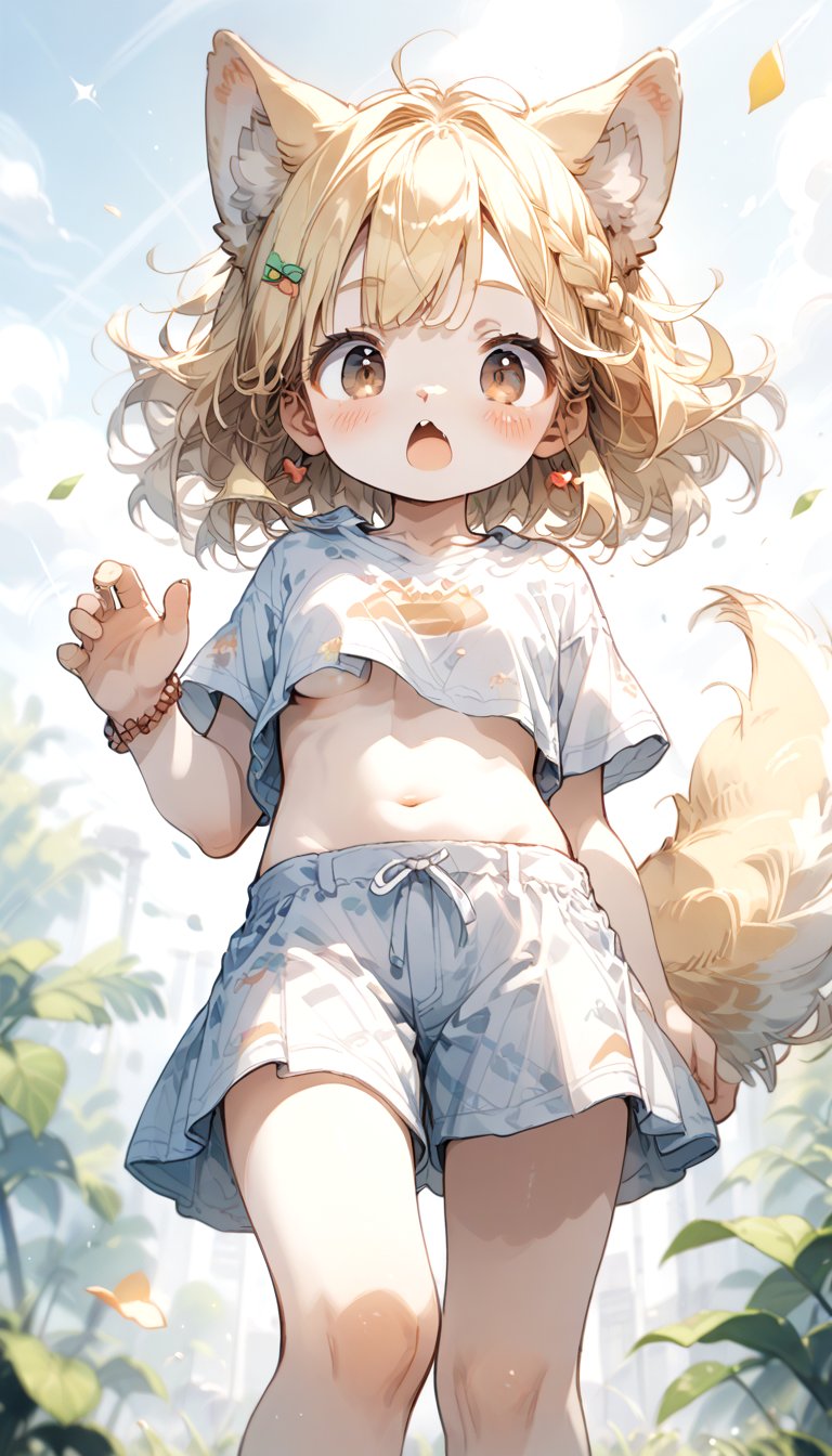 score_9_up, score_8_up, score_7_up,score_6_up,score_5_up,source_anime,source_furry,masterpiece,best quality,illustration,cute,kawaii,1girl,solo,dog ears,blonde hair,french braid,gradient brown eyes,midriff,groin,Deformed,feral furry,(underboob:0.95),wind,from below,surprised,blush,looking_at_viewer,miniskirt,arms in leg,beastonished,(pantie:0.7)