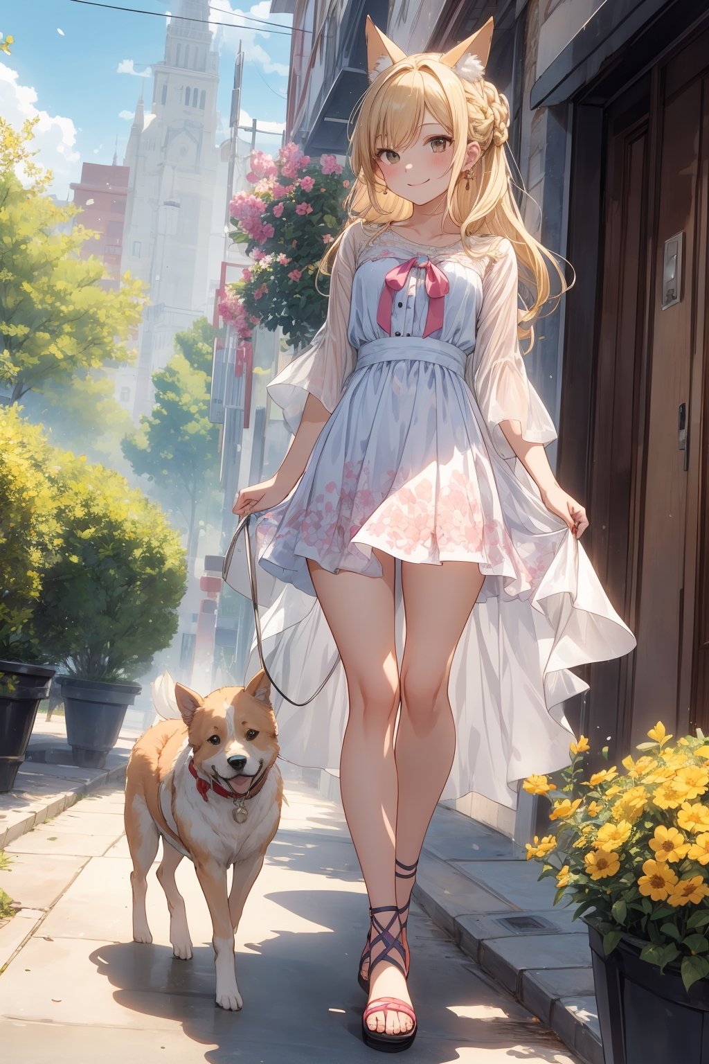 The illustration depicts a high school girl, dressed stylishly, waiting for her boyfriend in a bright early summer park. She is dressed lightly to match the early summer climate, with a big smile on her face. Around her, fresh green trees and colorful flowers are in full bloom. Her eyes are fixed on the entrance of the park, waiting for her boyfriend to arrive. 
BREAK
Her outfit is light to match the early summer climate, consisting of a flared skirt and blouse combination, sandals on her feet, giving an overall refreshing impression. Her hair is long and flowing in the wind, with a small earring shining in her ear.
BREAK
1girl,solo,dog ears,french braid,blonde hair,detailed and gradient brown eyes